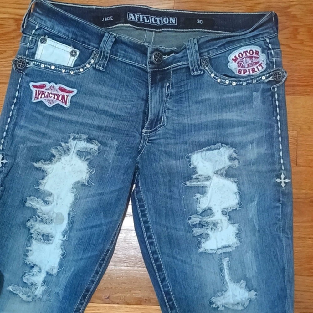Affliction Loud and Fast bootcut jeans with rhinestone trim on pockets Sz 30x32